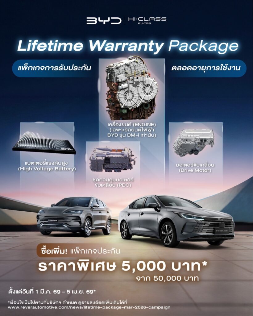 โปรโมชั่น BYD Lifetime Warranty Package 5,000 บาท รับประกันแบตเตอรี่และมอเตอร์ตลอดอายุการใช้งาน